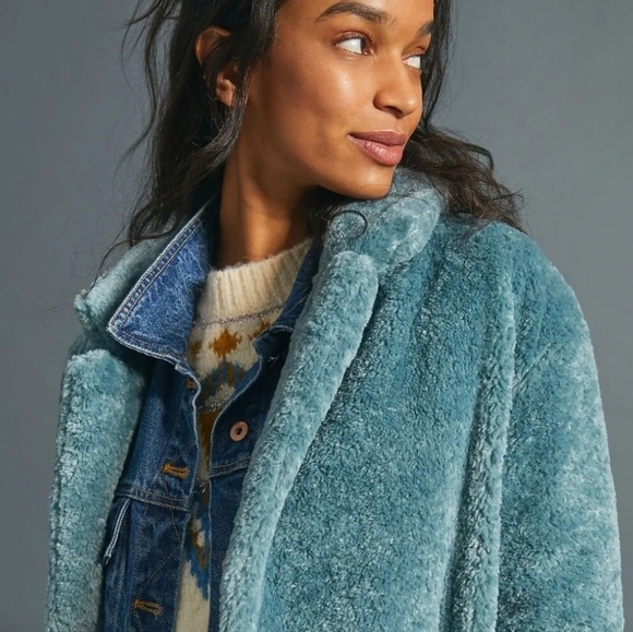 NWT Anthropologie Maeve Lisanne Faux Fur Teddy Bear Coat Jacket Fuzzy Blue 1X - Picture 2 of 11